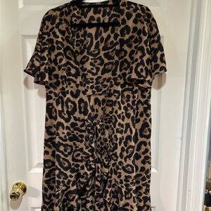 SHEIN Leopard Print V-Neck Midi Dress - Tan & Black